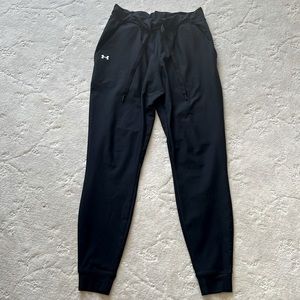 Black Under Armour Side Pockets Polyester Pants w/White Logo on Right Upper Side
